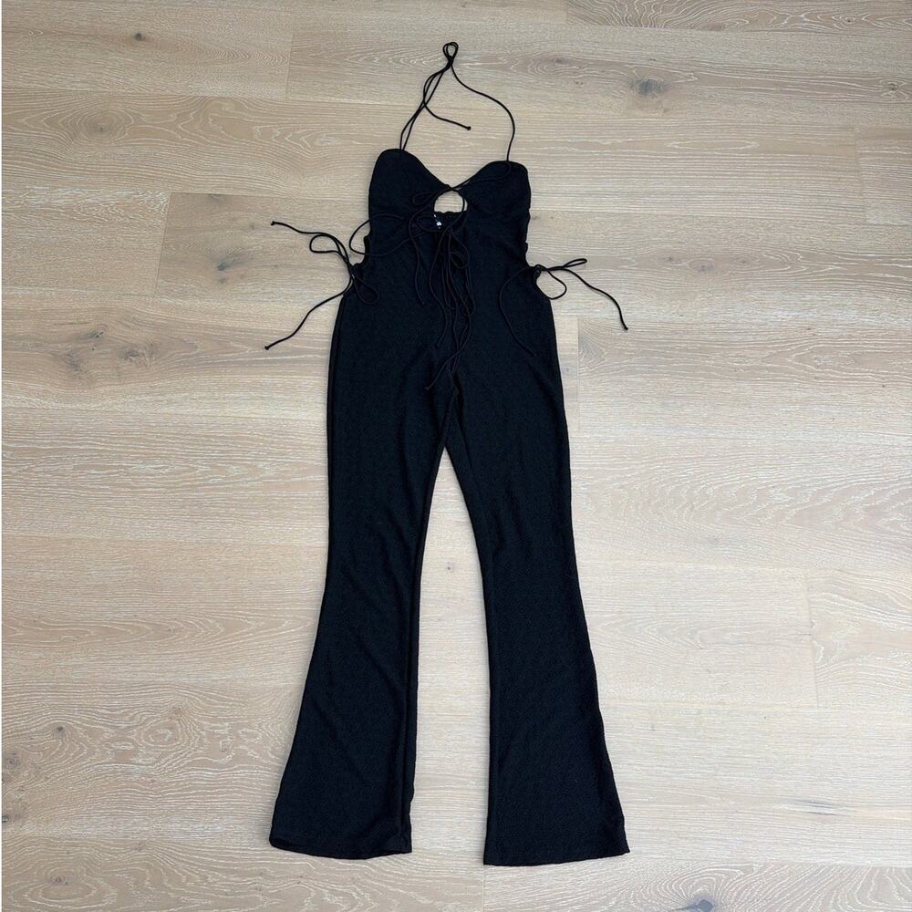 White Fox Lace Jumpsuit Halter & Side Ties Size L Black